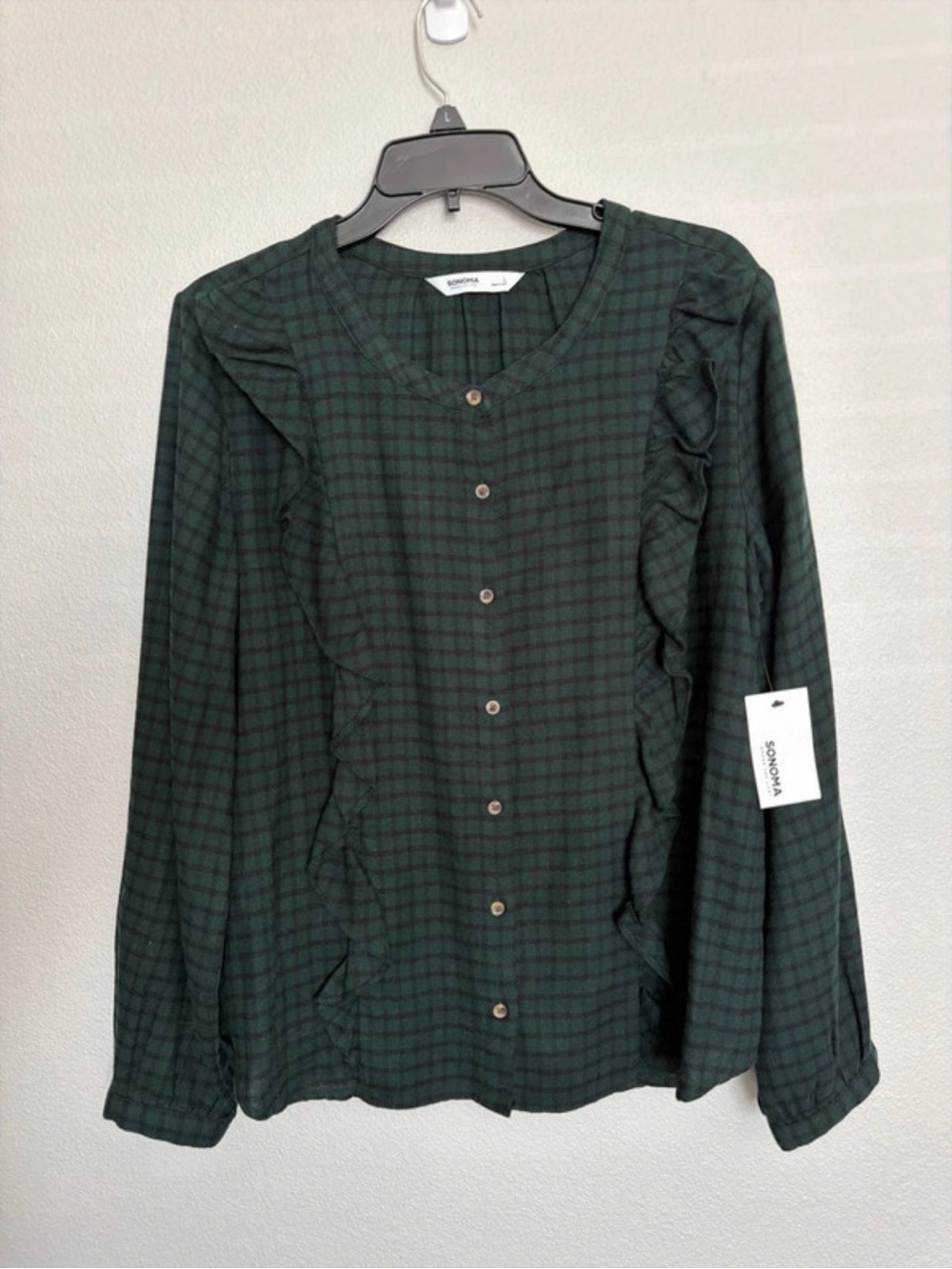 Sonoma Women's Long Sleeve Ruffled Green Plaid Blouse Size Large